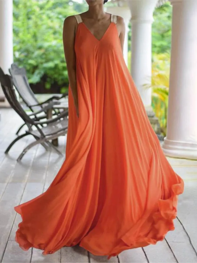Chloë - Damen Maxikleid im Boho-Stil mit V-Ausschnitt, ärmellos, Sommer, einfarbig, lockere Passform - Image 2