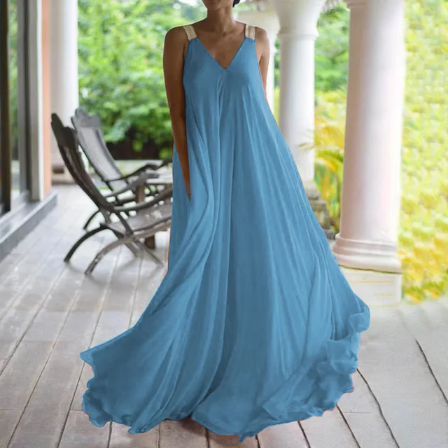 Chloë - Damen Maxikleid im Boho-Stil mit V-Ausschnitt, ärmellos, Sommer, einfarbig, lockere Passform - Image 7