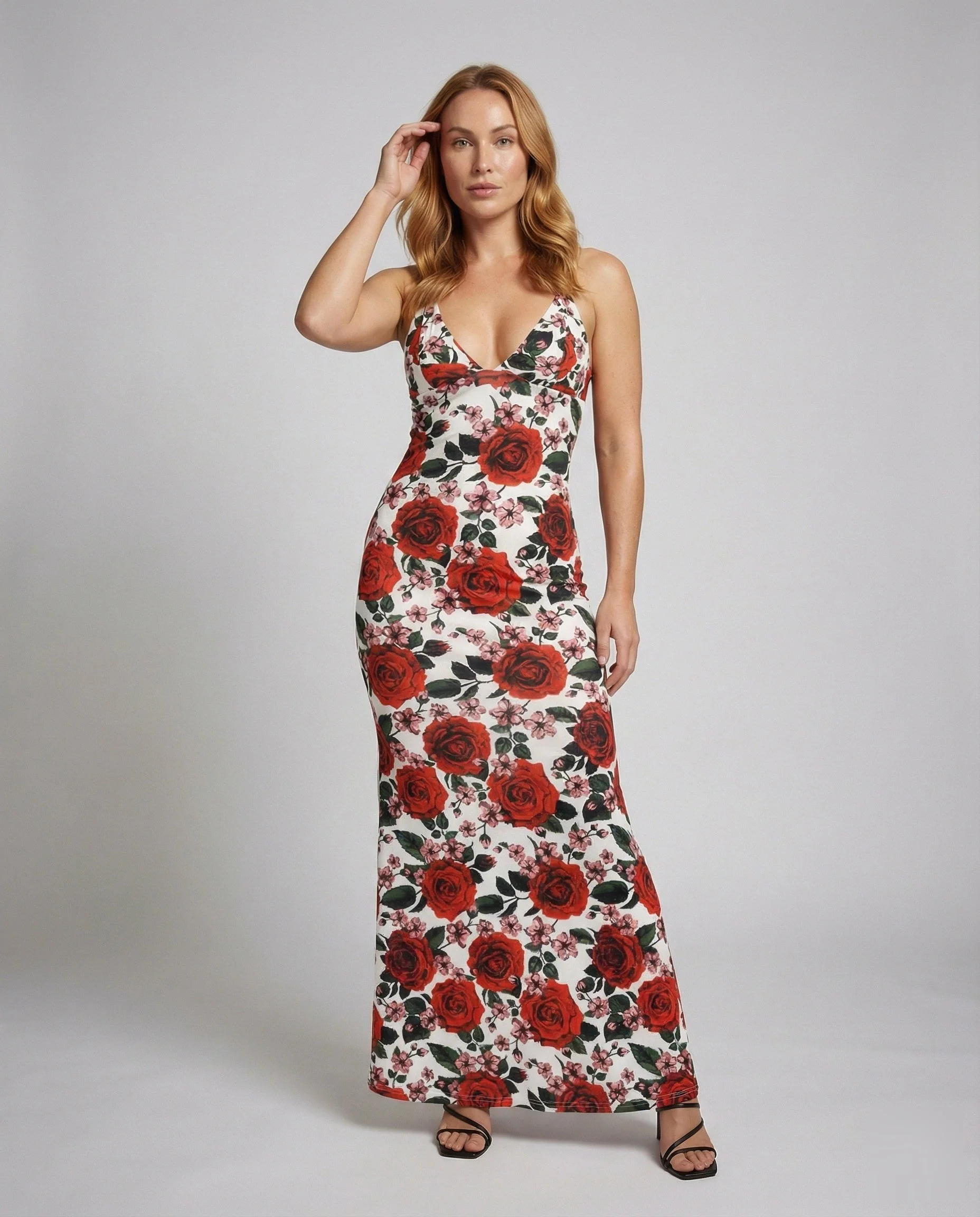 Damen Maxikleid mit Rosenallover und Spaghettiträgern