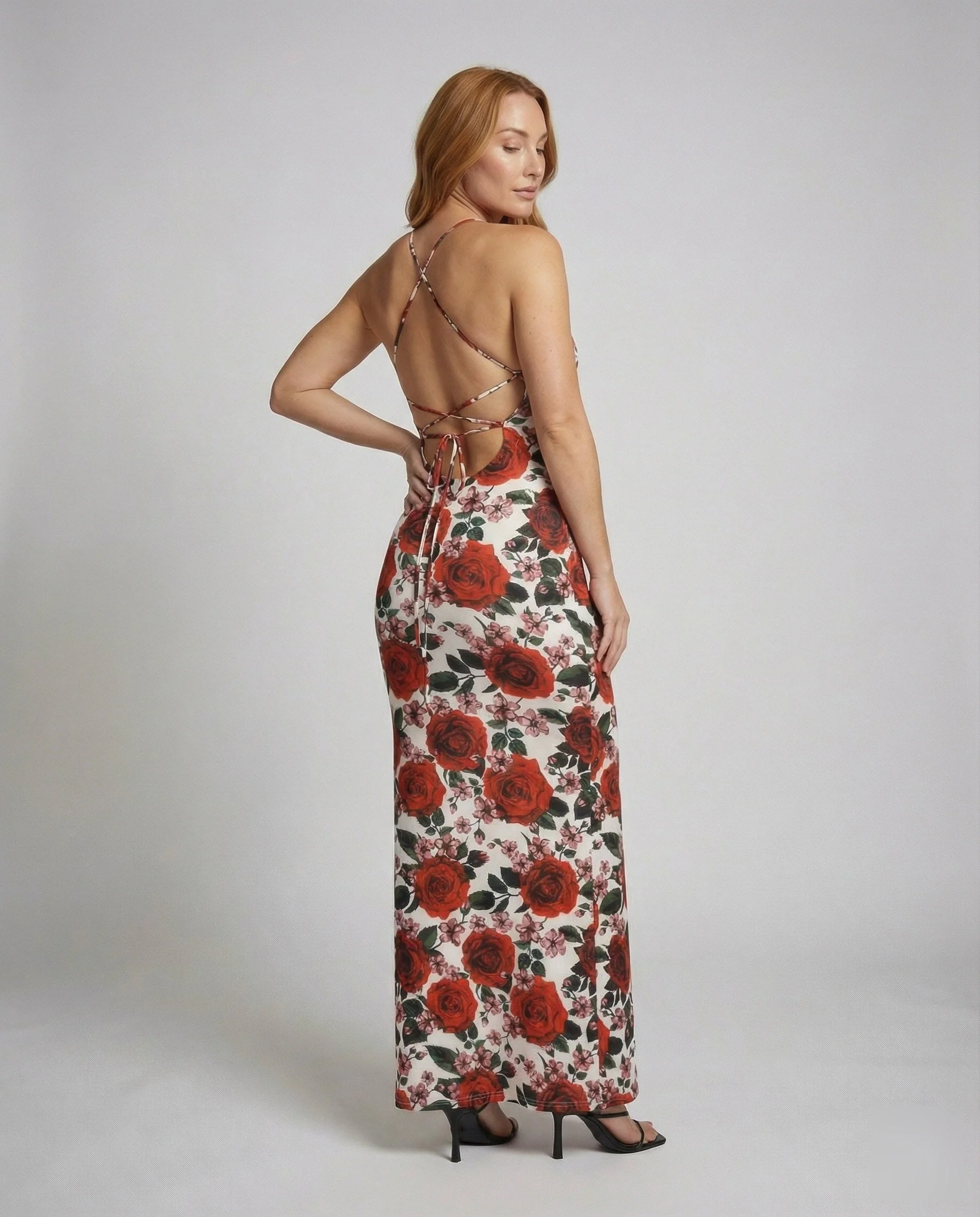 Damen Maxikleid mit Rosenallover und Spaghettiträgern - Image 4