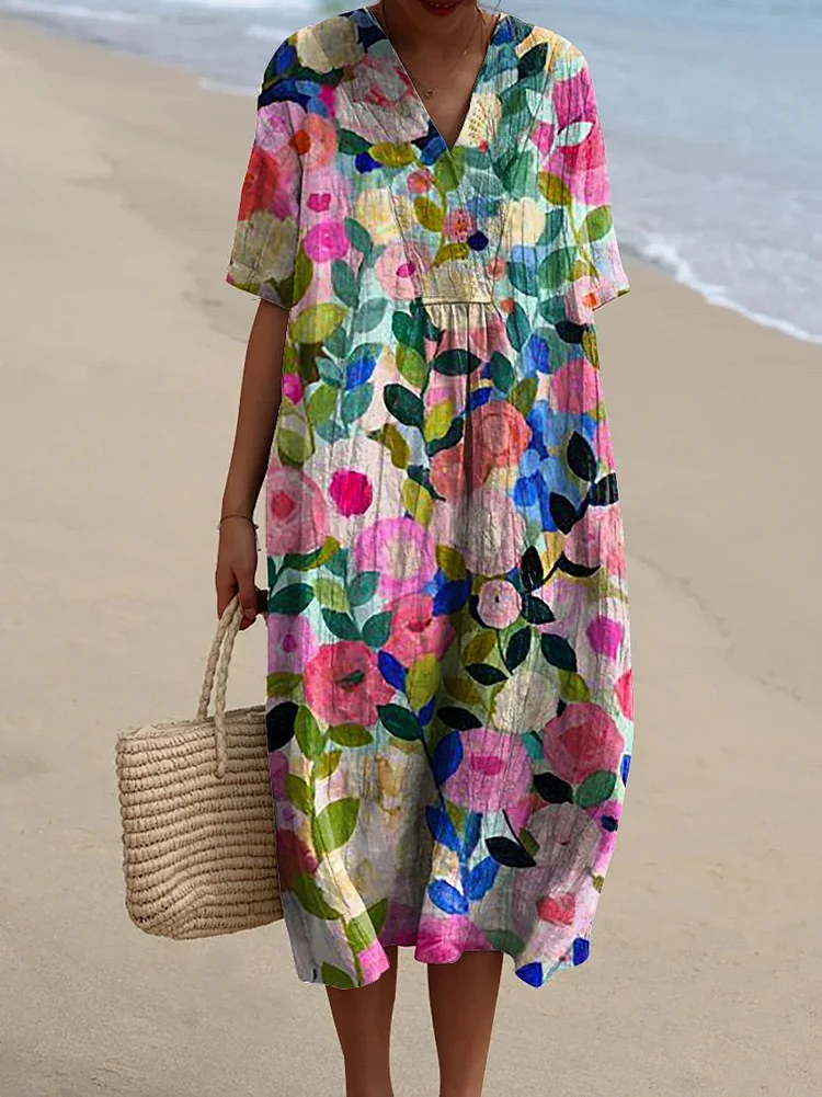 Fließendes Damenkleid mit farbenfrohem Frühlingsblumendruck - Image 2