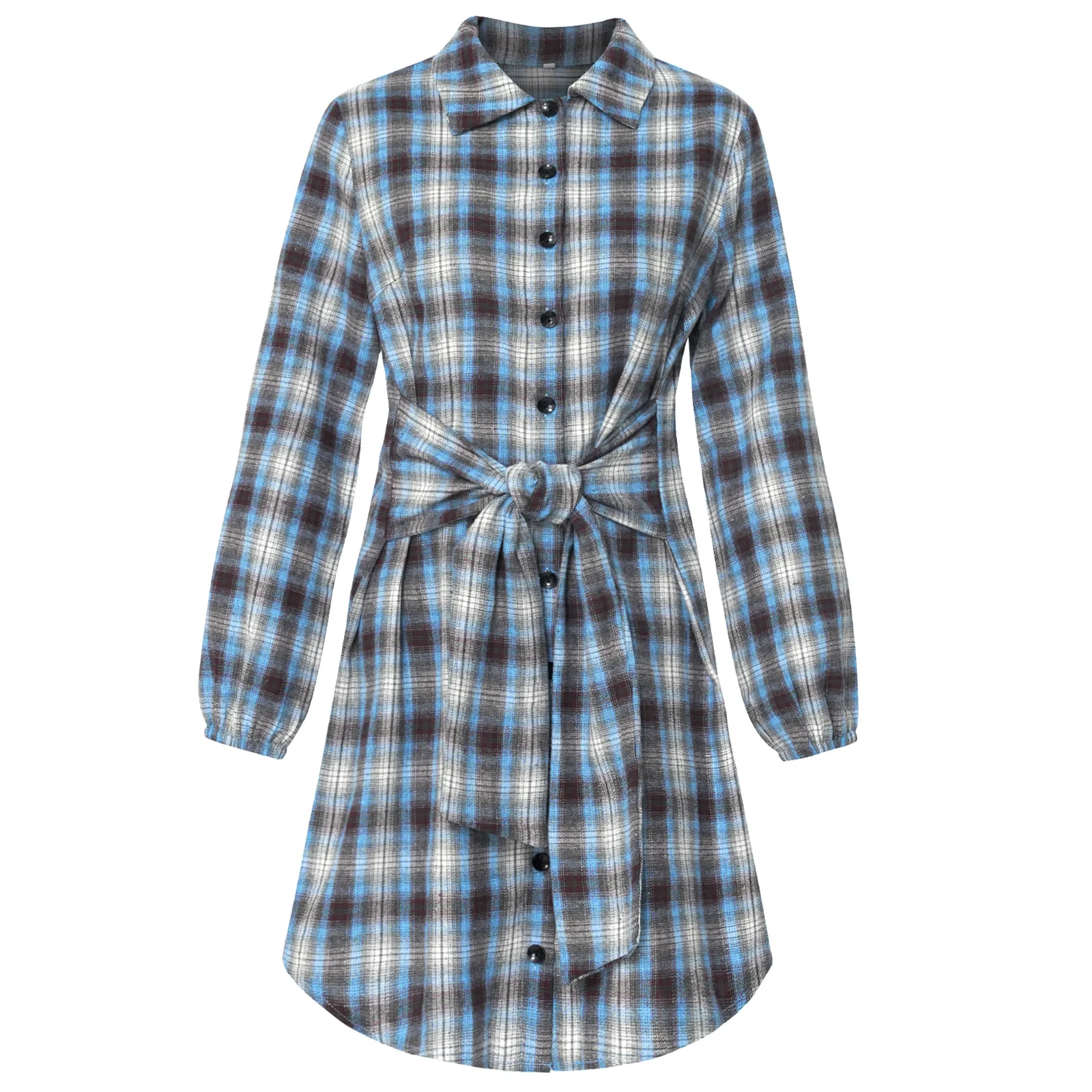 Kariertes Hemdkleid mit Gürtel und Knopfdetails - Image 5