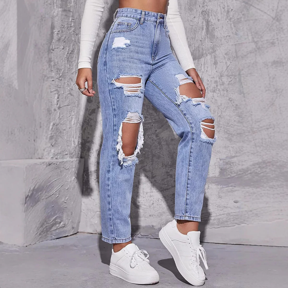 abgetragene gerade geschnittene Jeans - Image 4