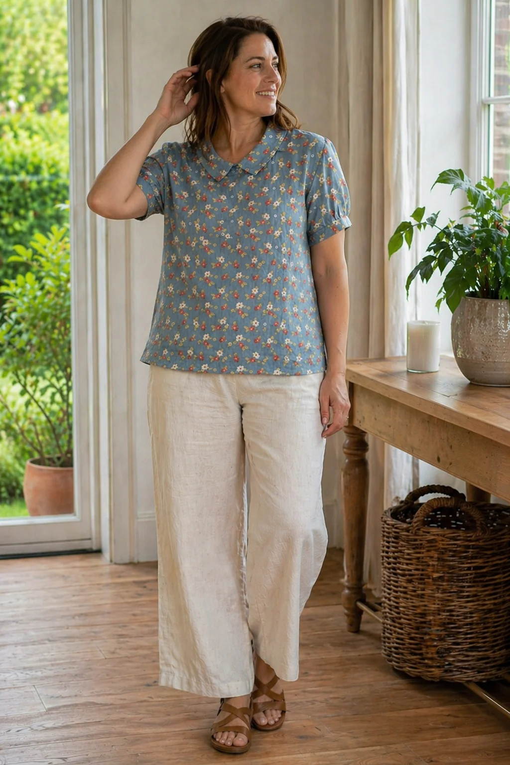 Heidi-Mode Damen Bluse Kurzarm mit Blumendruck und Kragen Locker - Image 2