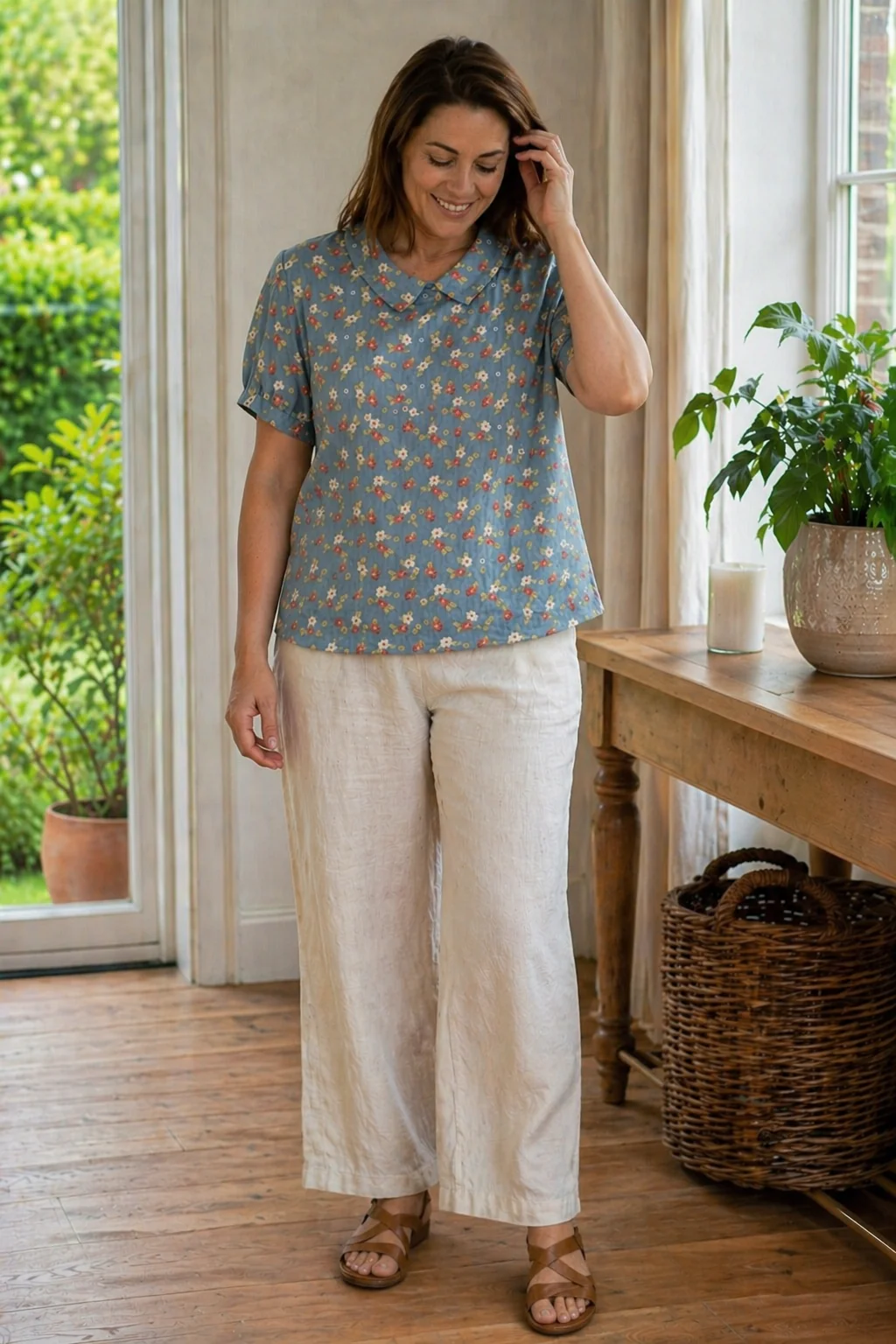 Heidi-Mode Damen Bluse Kurzarm mit Blumendruck und Kragen Locker - Image 3