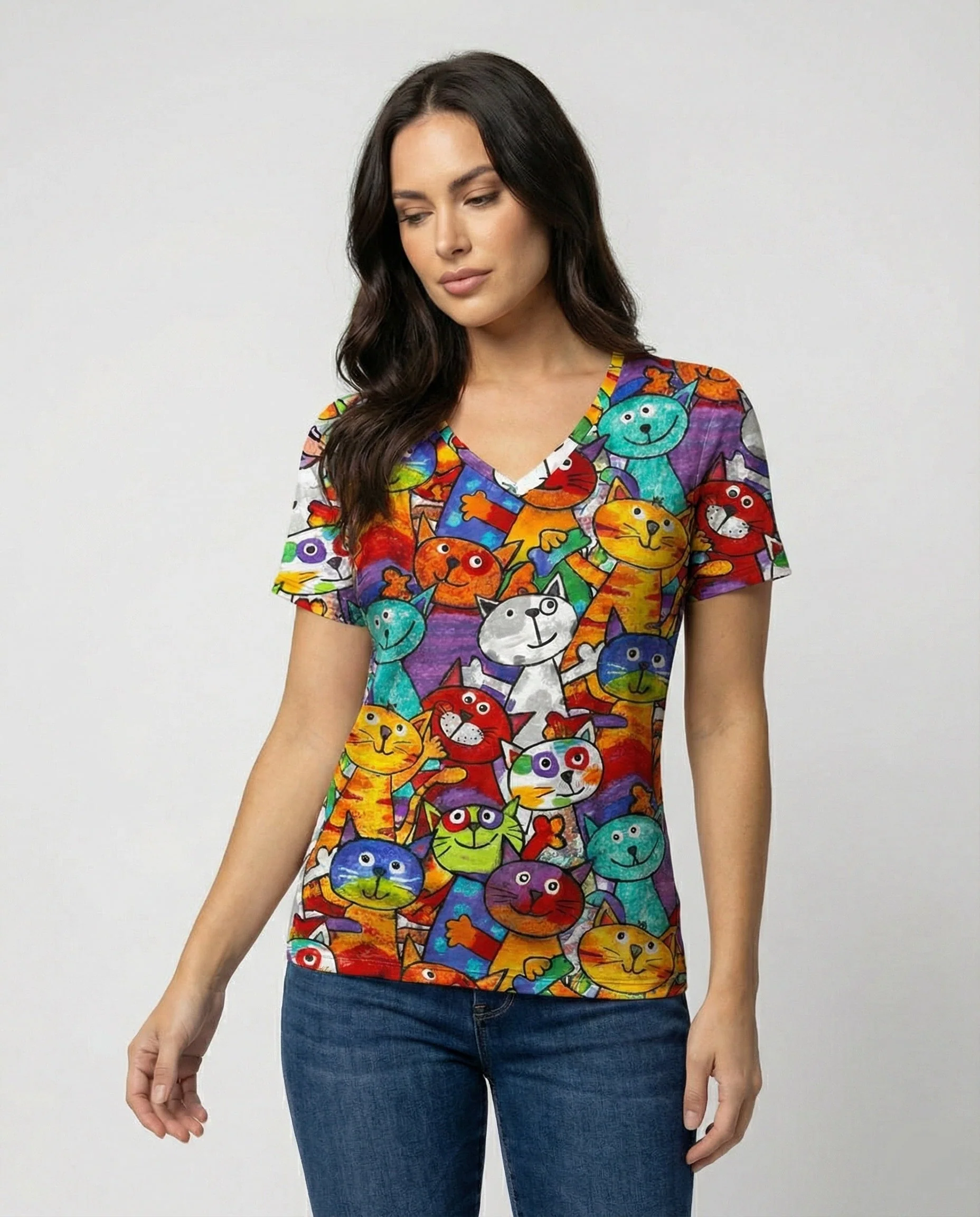 Heidi-Mode | Bequemes T-Shirt Mit Buntem Katzenprint Für Damen
