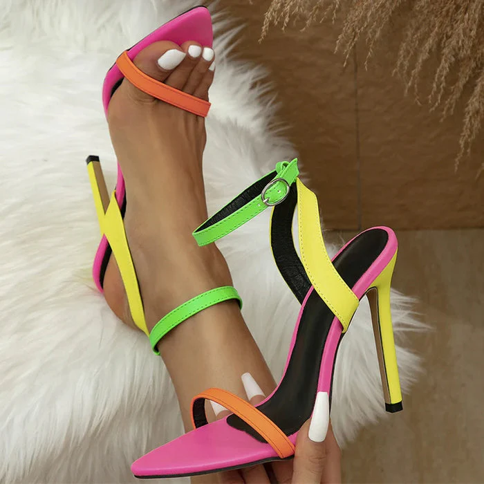 Bunte Sandalen mit hohem Absatz und neonfarbenen Riemen - Image 3
