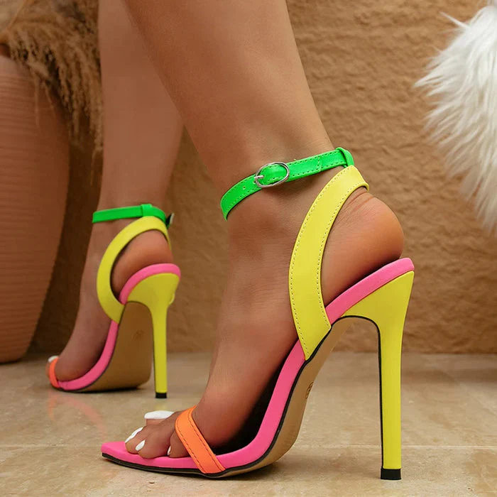 Bunte Sandalen mit hohem Absatz und neonfarbenen Riemen - Image 4