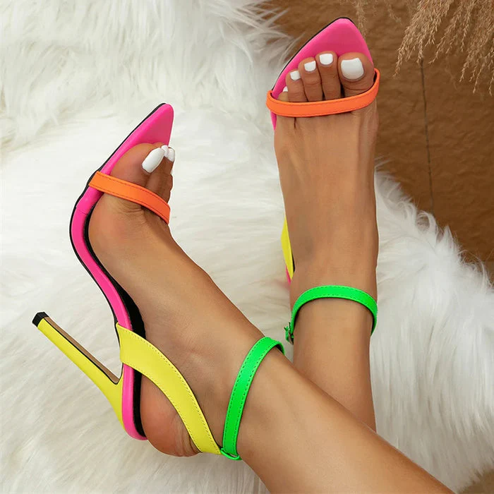 Bunte Sandalen mit hohem Absatz und neonfarbenen Riemen - Image 5