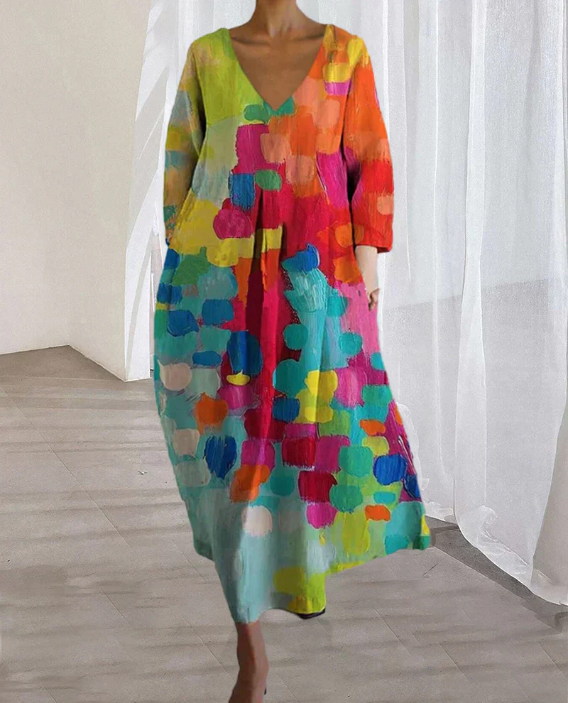 Heidi-Mode | Buntes Midikleid mit V-Ausschnitt