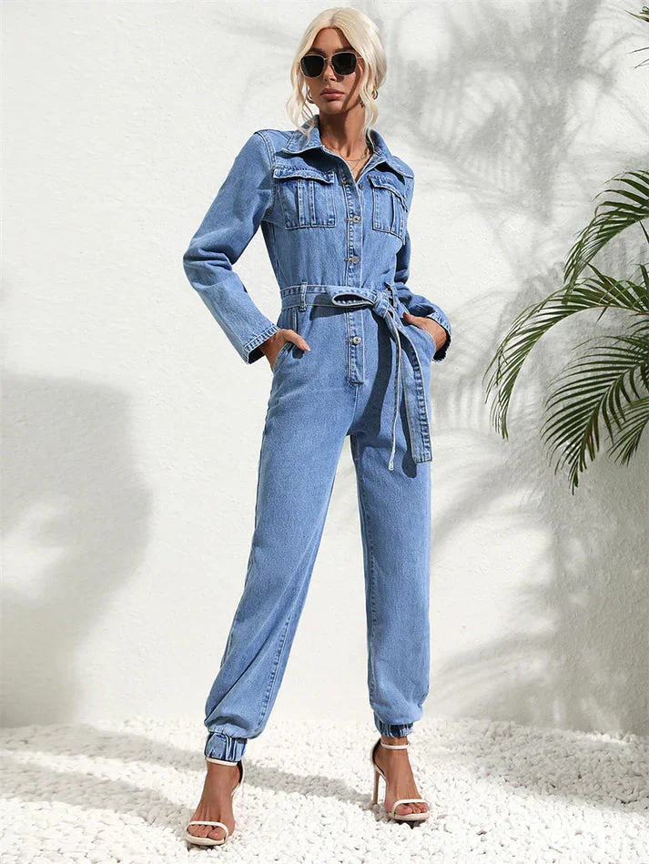 Lässiger Denim-Jumpsuit mit Gürtel und langen Ärmeln für Damen - Image 2