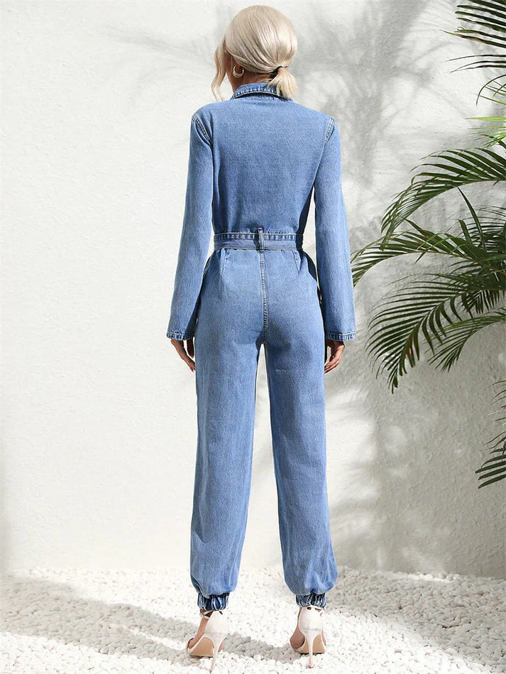 Lässiger Denim-Jumpsuit mit Gürtel und langen Ärmeln für Damen - Image 5