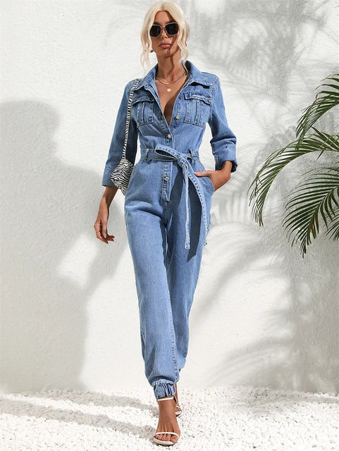 Lässiger Denim-Jumpsuit mit Gürtel und langen Ärmeln für Damen - Image 7