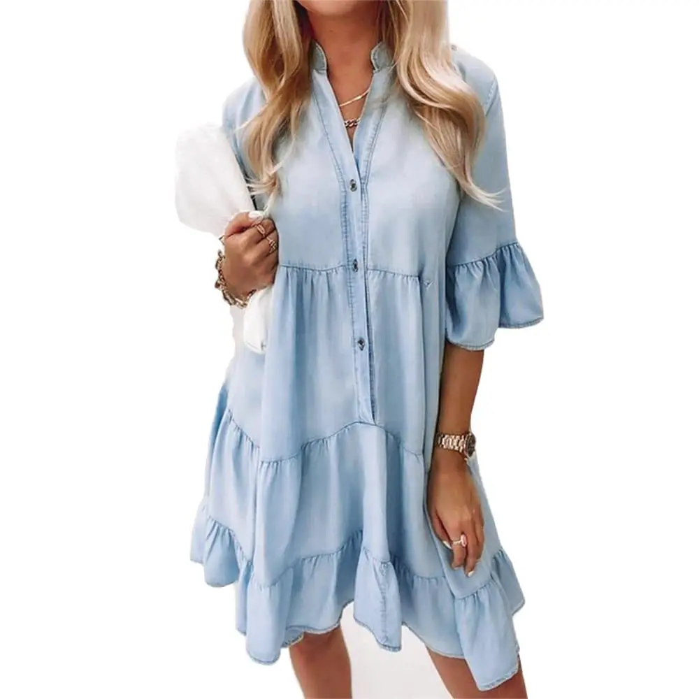 Jeanskleid mit V-Ausschnitt und Knöpfen für Damen