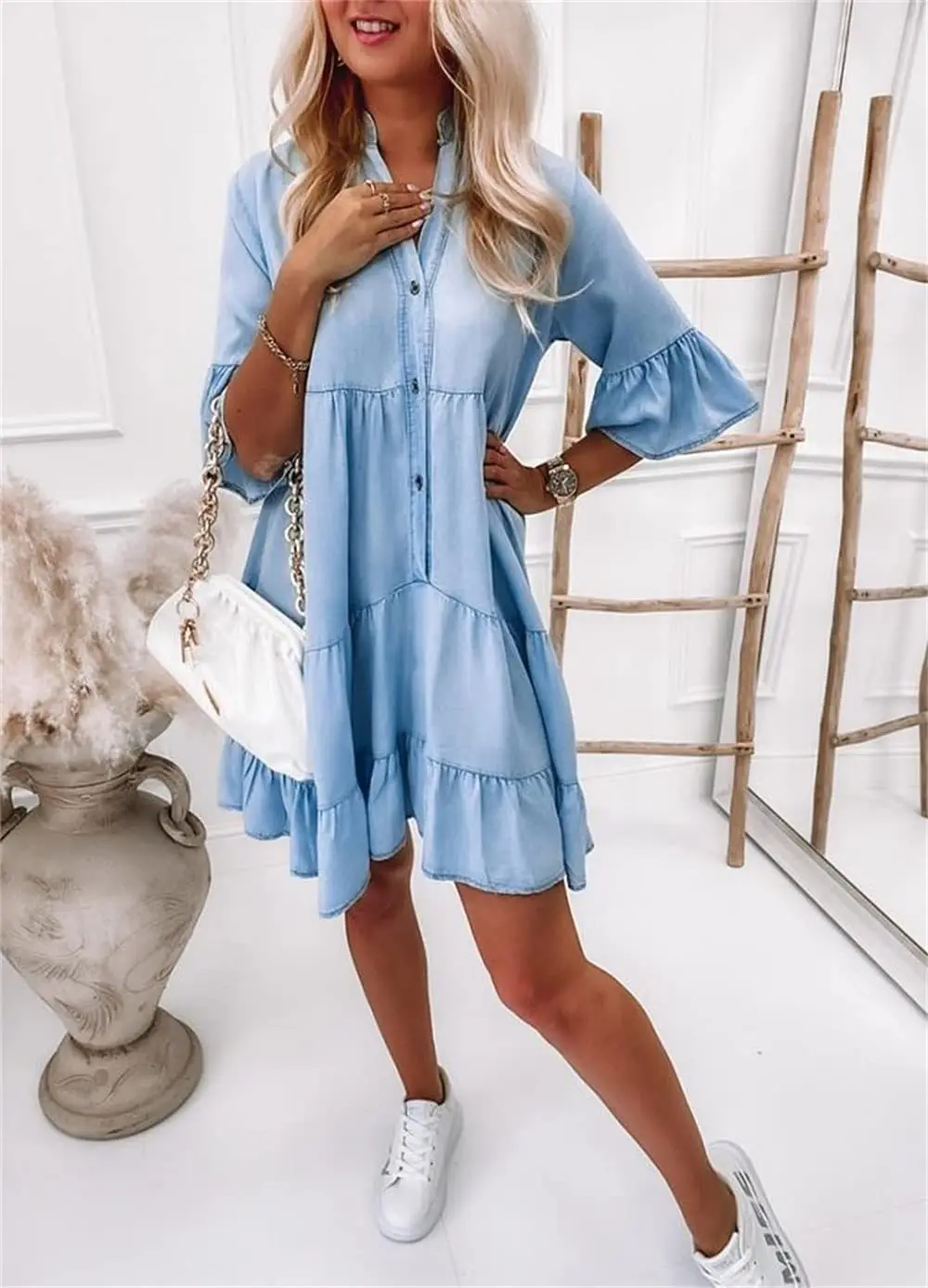 Jeanskleid mit V-Ausschnitt und Knöpfen für Damen - Image 2