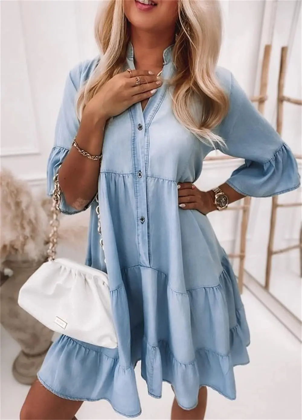 Jeanskleid mit V-Ausschnitt und Knöpfen für Damen - Image 3