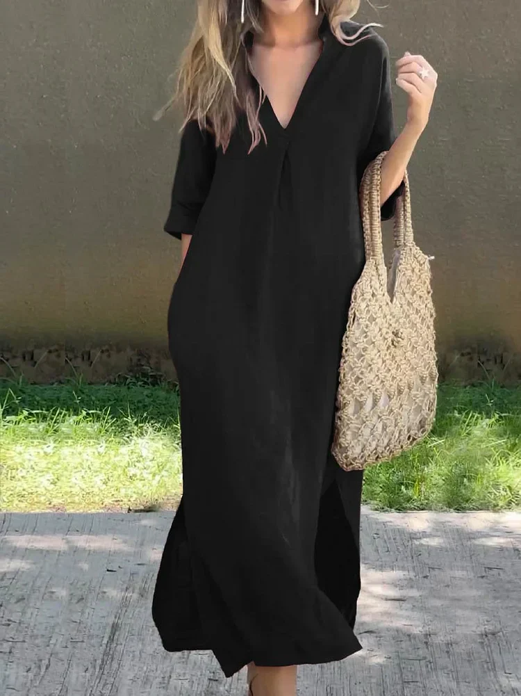 Einfarbiges Damen-kleid mit V-Ausschnitt, Tasche und V-Ausschnitt - Image 2