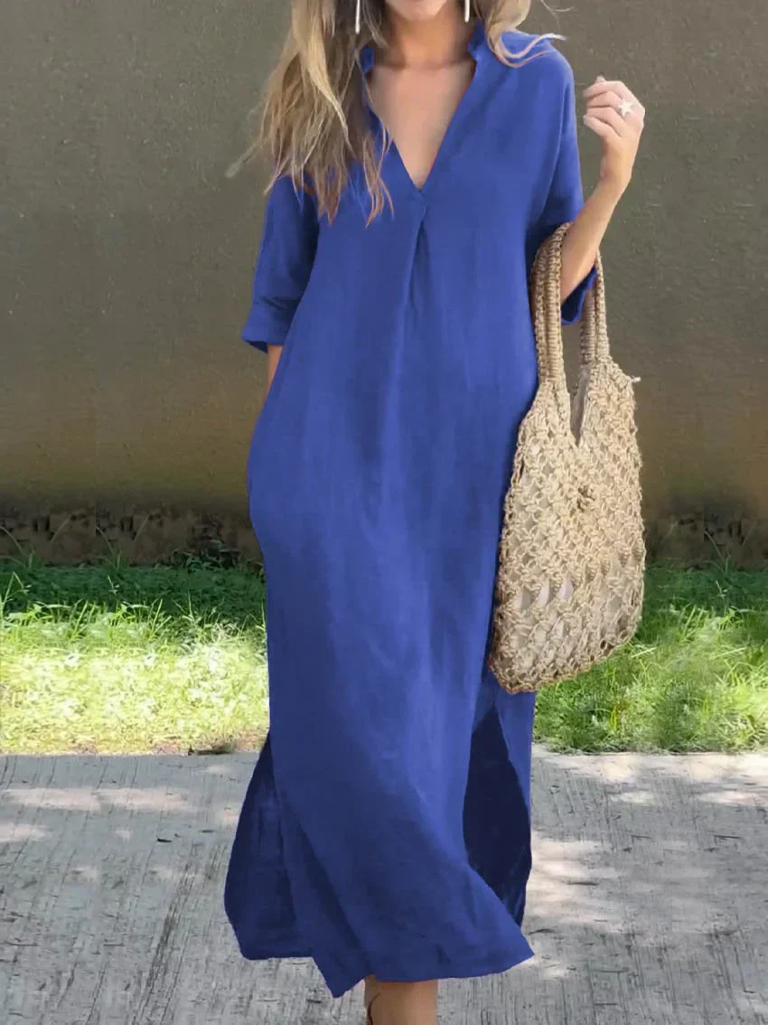 Einfarbiges Damen-kleid mit V-Ausschnitt, Tasche und V-Ausschnitt - Image 3
