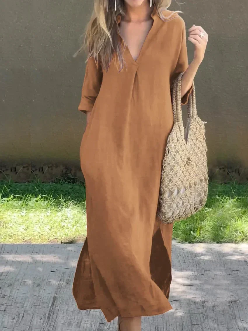 Einfarbiges Damen-kleid mit V-Ausschnitt, Tasche und V-Ausschnitt - Image 4