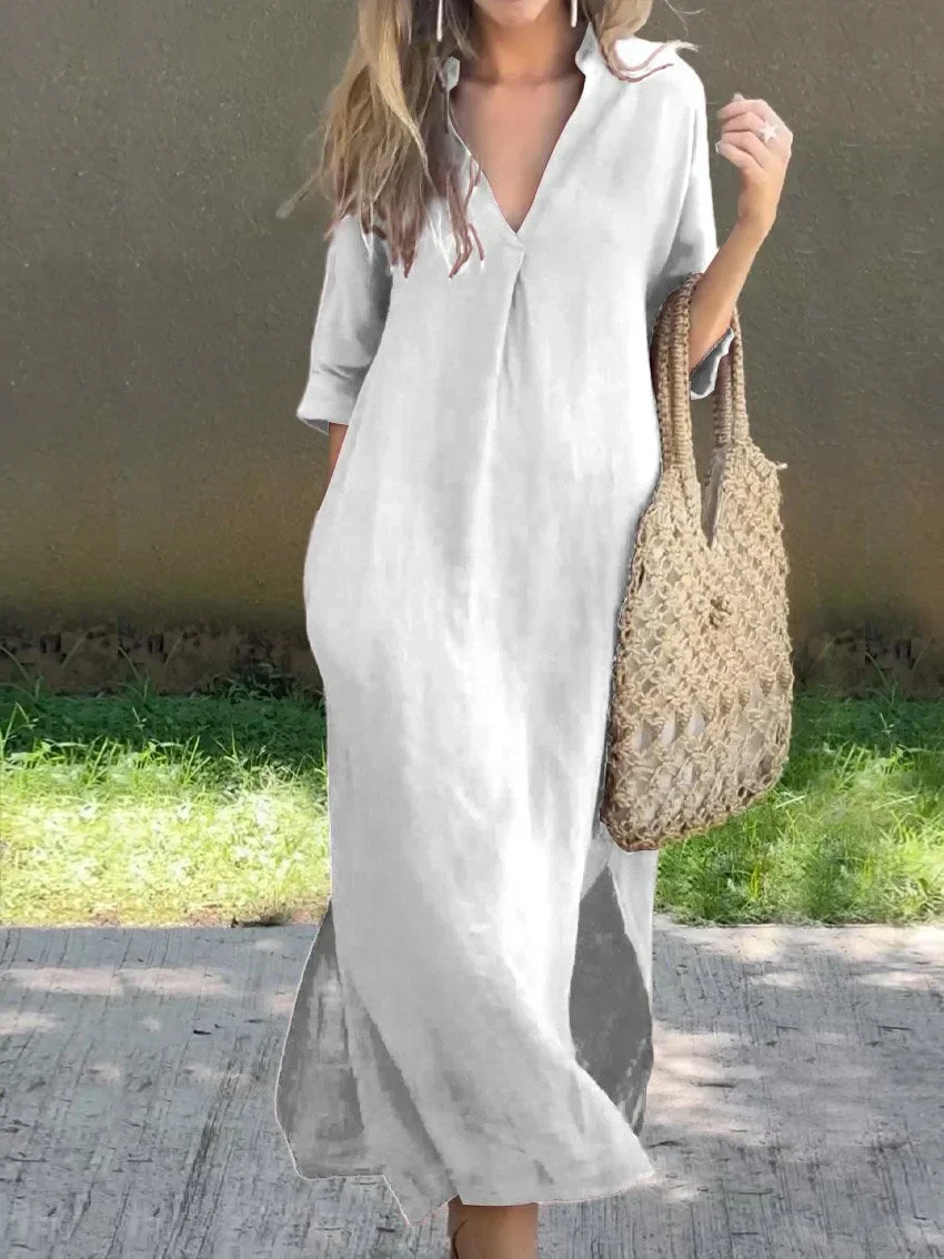 Einfarbiges Damen-kleid mit V-Ausschnitt, Tasche und V-Ausschnitt - Image 5