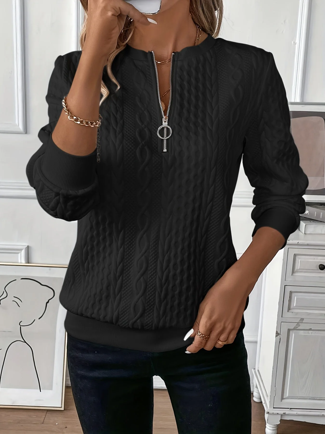 Heidi-Mode | Damen Strukturiertes Lässiges Halbzip Sweatshirt (Herbst) - Image 3