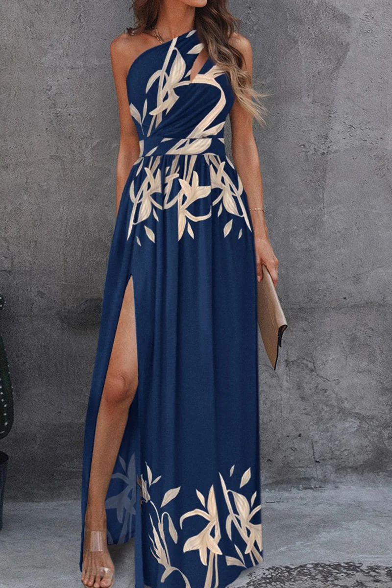 langes Kleid mit einem Schulter, schrägem Halsausschnitt, Blumenmuster und Schlitz am Saum