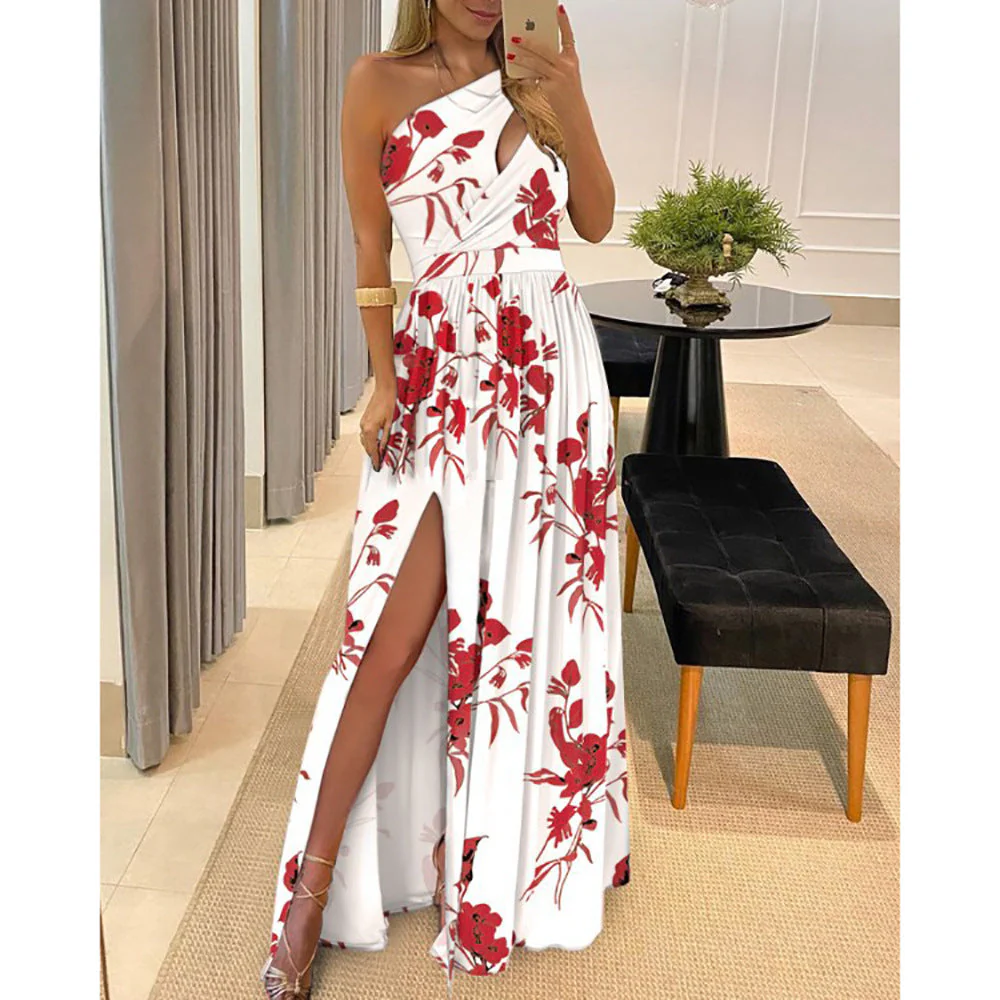 langes Kleid mit einem Schulter, schrägem Halsausschnitt, Blumenmuster und Schlitz am Saum - Image 5