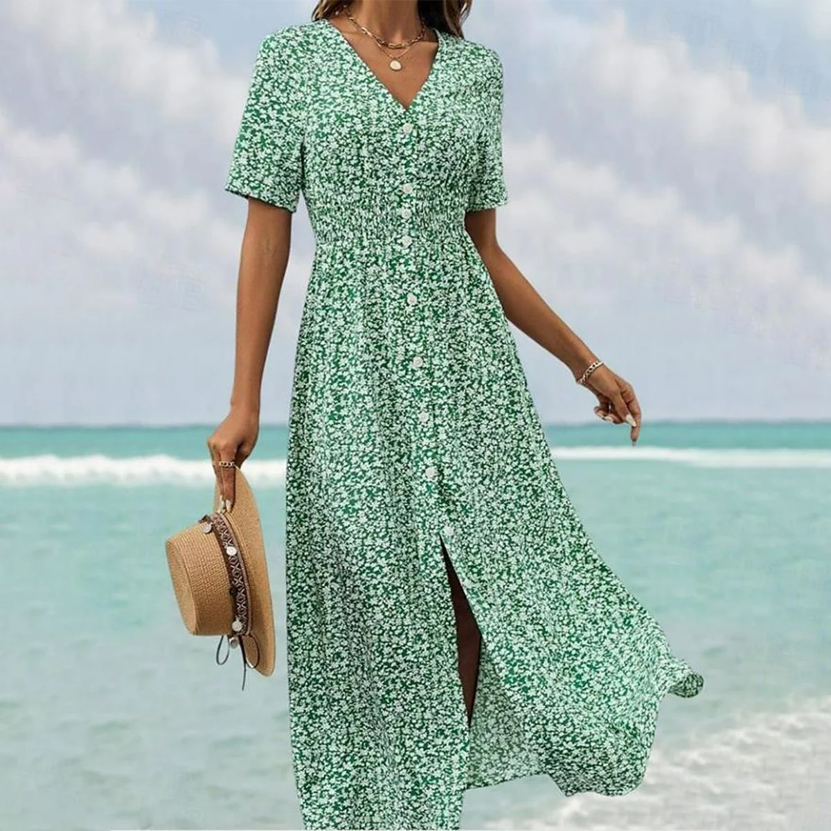 Luftiges Maxikleid mit kurzen Ärmeln und V-Ausschnitt - Image 4