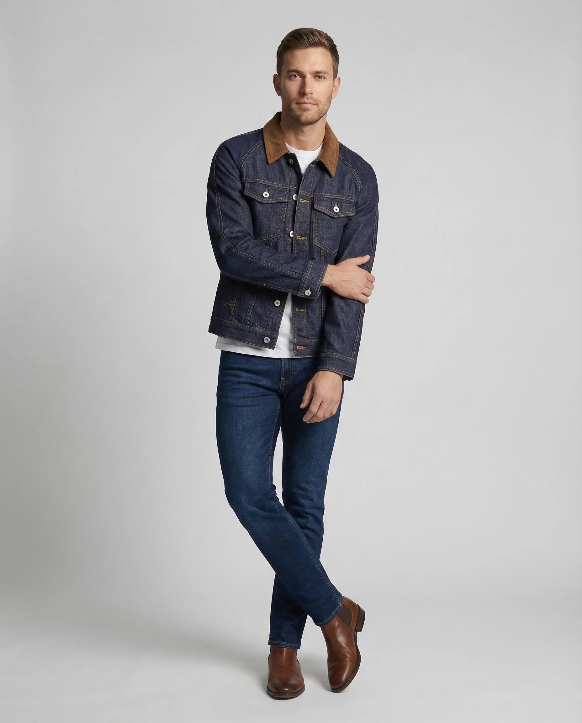 Herren Jeansjacke Cordkragen Karofutter